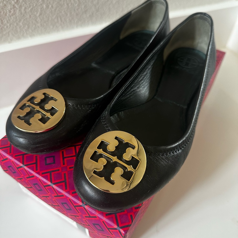 Tory Burch Reva Black Ballet Flats with Gold Logo